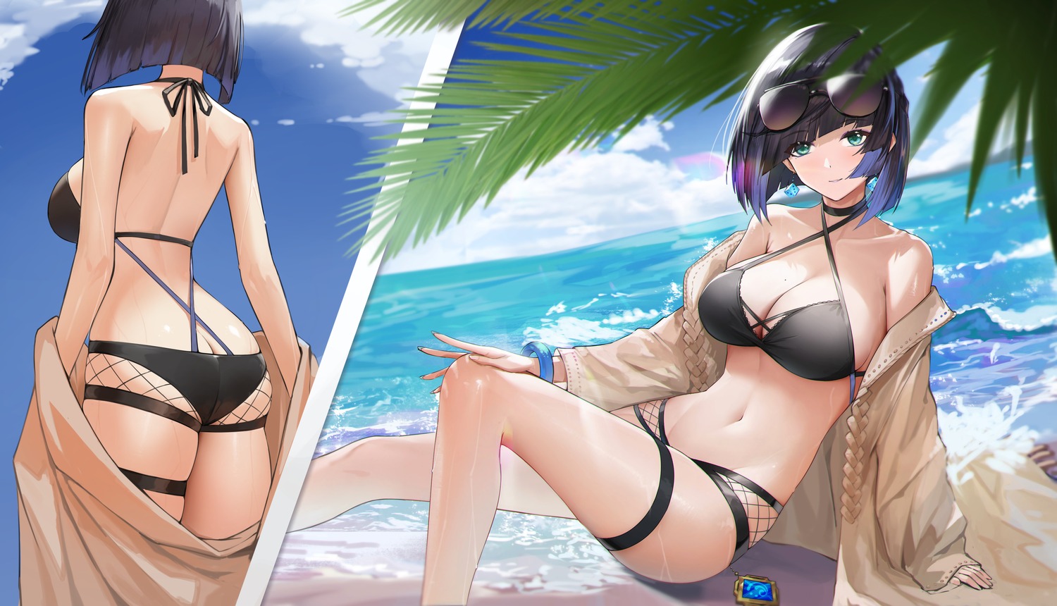 ass bikini garter genera-x genshin_impact megane open_shirt swimsuits thong yelan