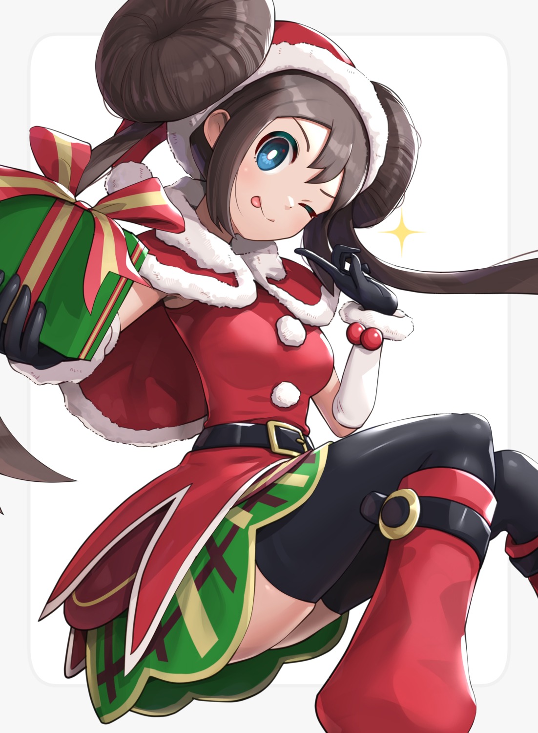 christmas gonzarez mei_(pokemon) pokemon pokemon_b2w2 skirt_lift thighhighs