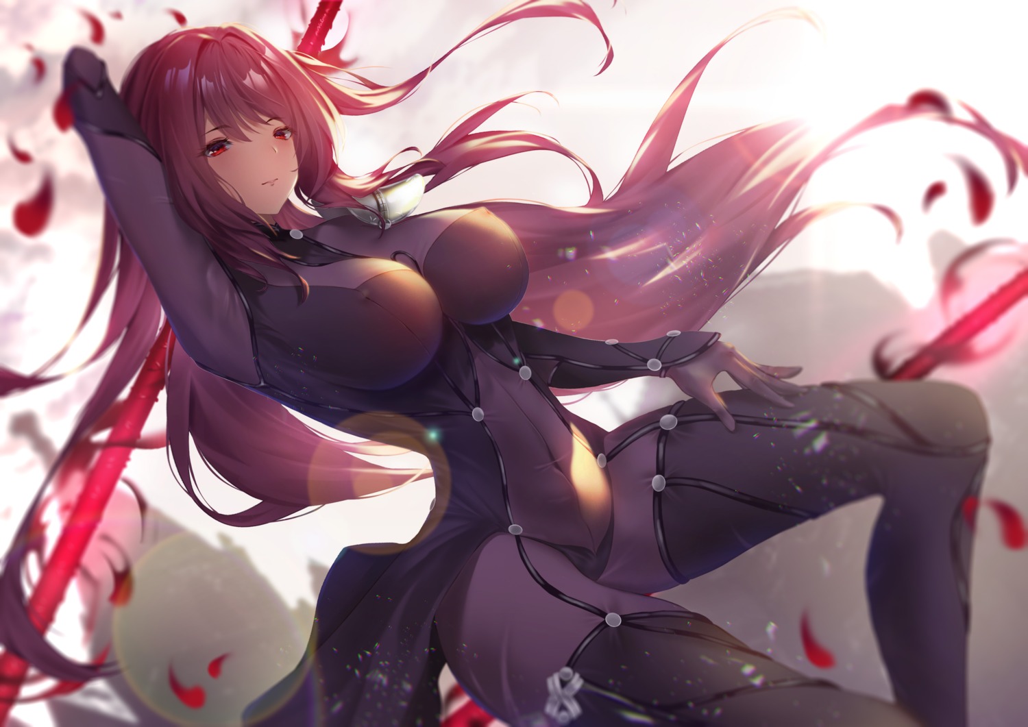 armor bodysuit erect_nipples fate/grand_order nolmo scathach_(fate/grand_order) weapon