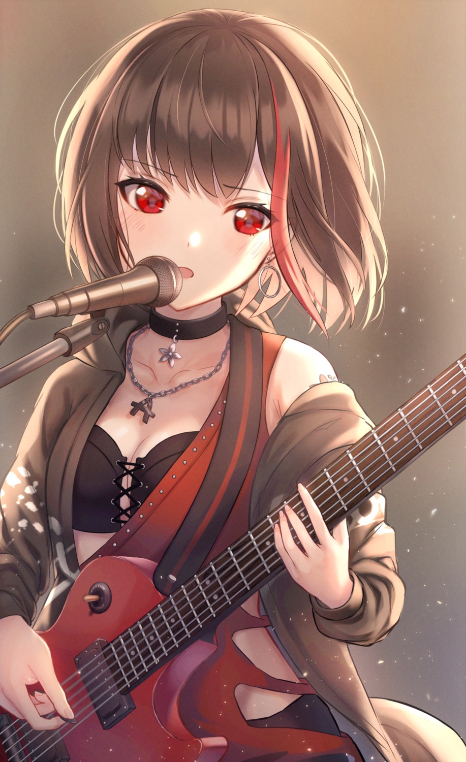 bang_dream! bra cleavage gohan_(lupina1023) guitar mitake_ran open_shirt