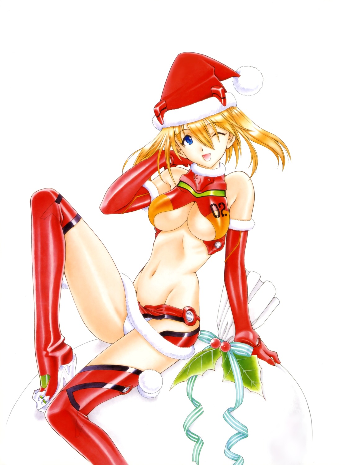christmas cleavage detexted neon_genesis_evangelion souryuu_asuka_langley underboob utatane_hiroyuki