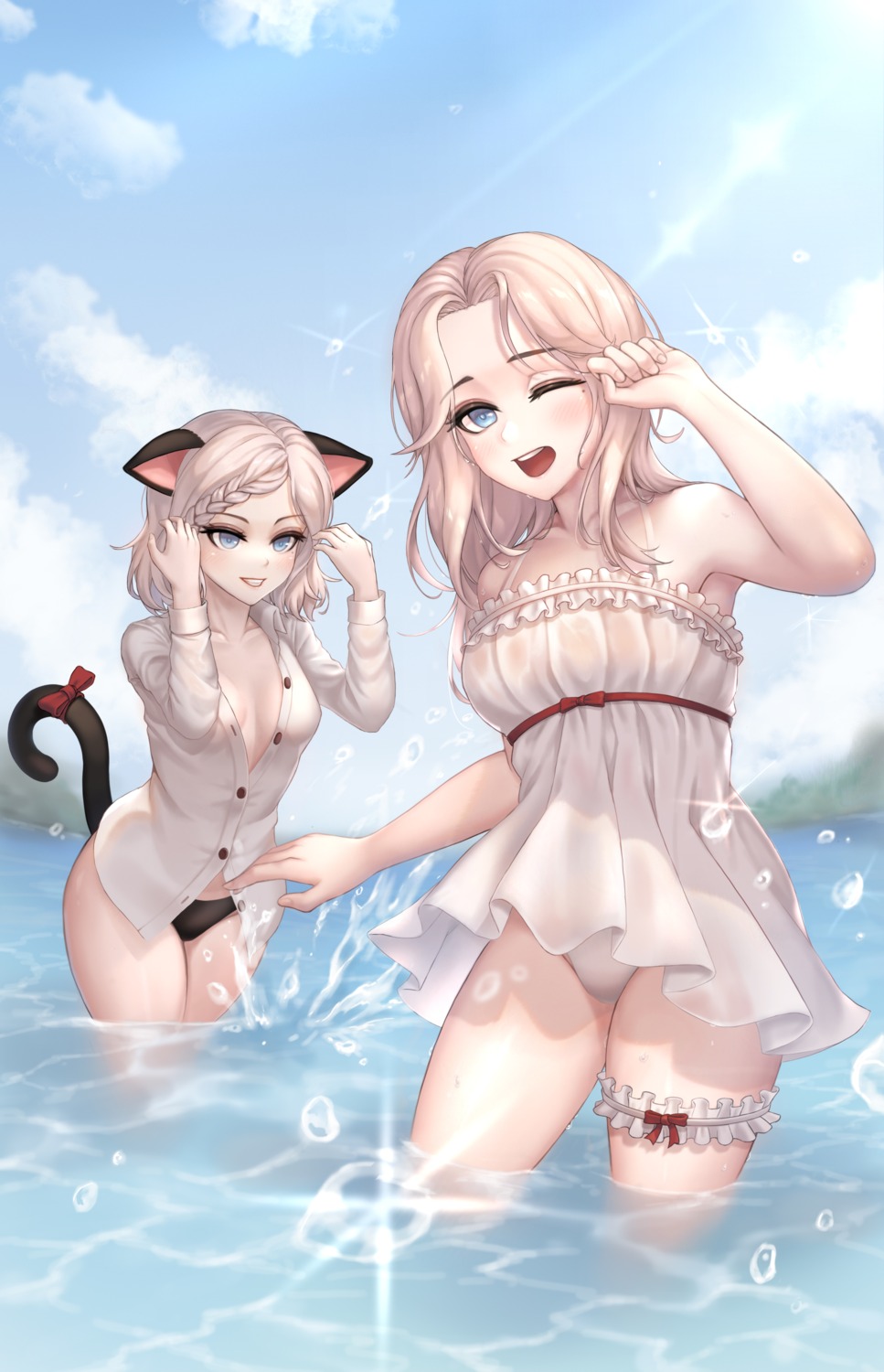 animal_ears blade_&_soul dress dress_shirt garter kie_(wylee2212) nekomimi no_bra open_shirt pantsu see_through tail wet wet_clothes