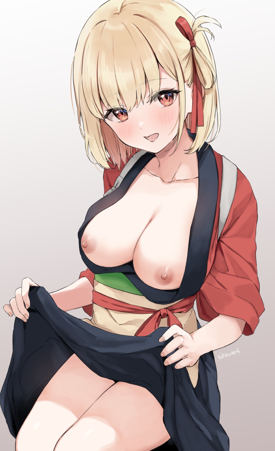 breasts japanese_clothes kaetzchen lycoris_recoil nipples nishikigi_chisato no_bra open_shirt skirt_lift