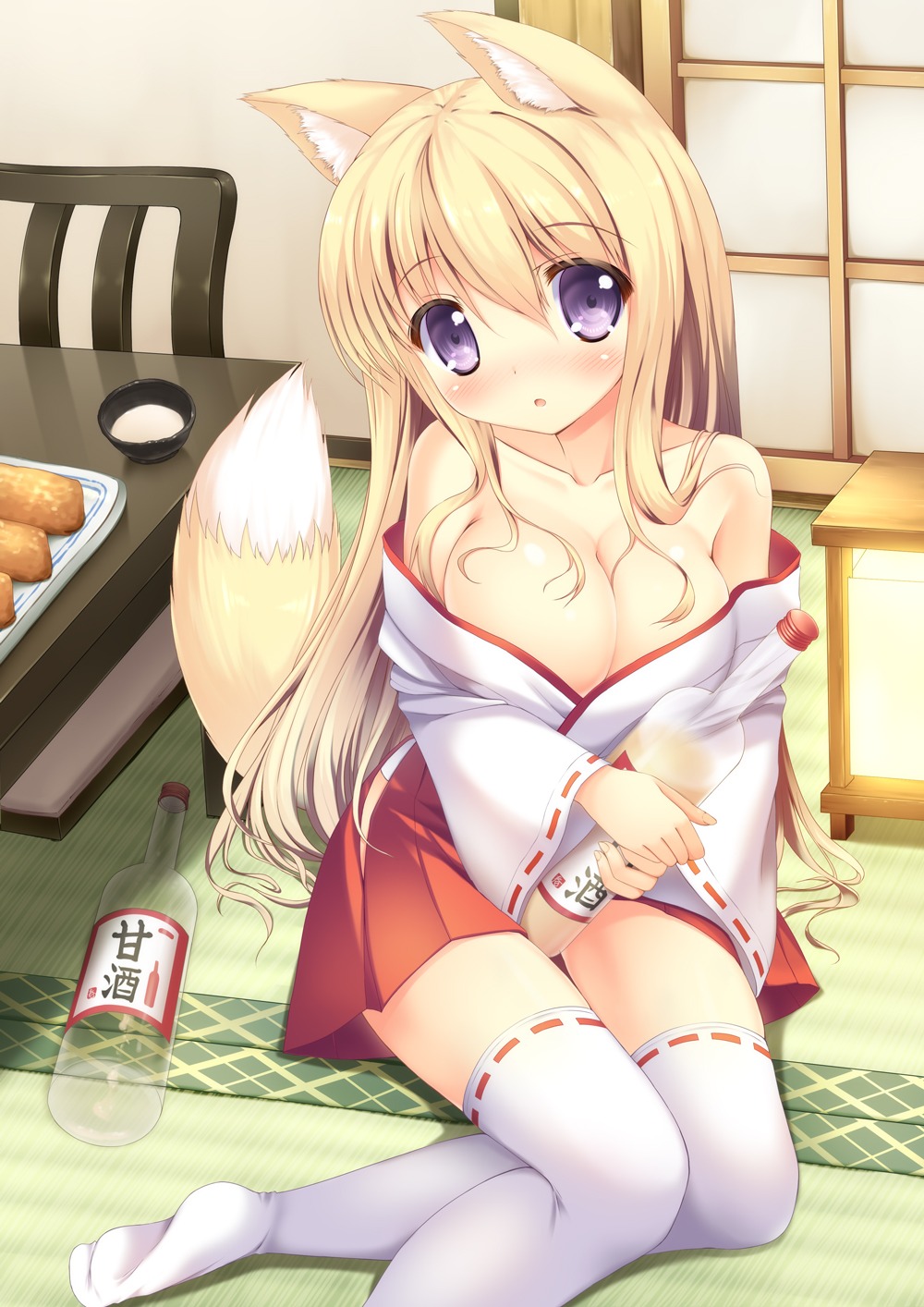 animal_ears cleavage kitsune miko no_bra taiki_ken tail thighhighs