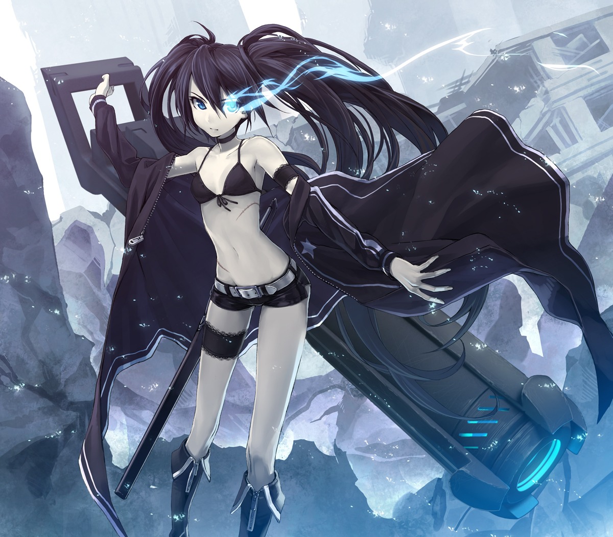 bikini_top black_rock_shooter black_rock_shooter_(character) garter gun swimsuits sword vocaloid yahako