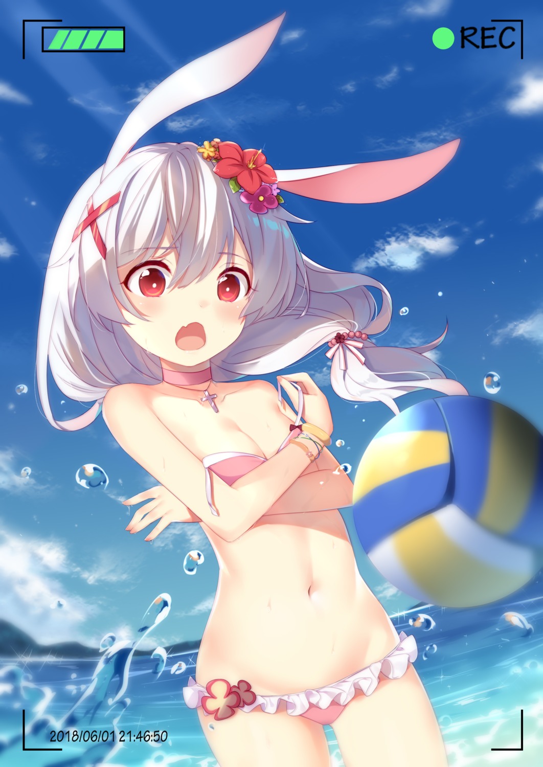 animal_ears benghuai_xueyuan bikini breast_hold bunny_ears fufumi honkai_impact swimsuits theresa_apocalypse wardrobe_malfunction