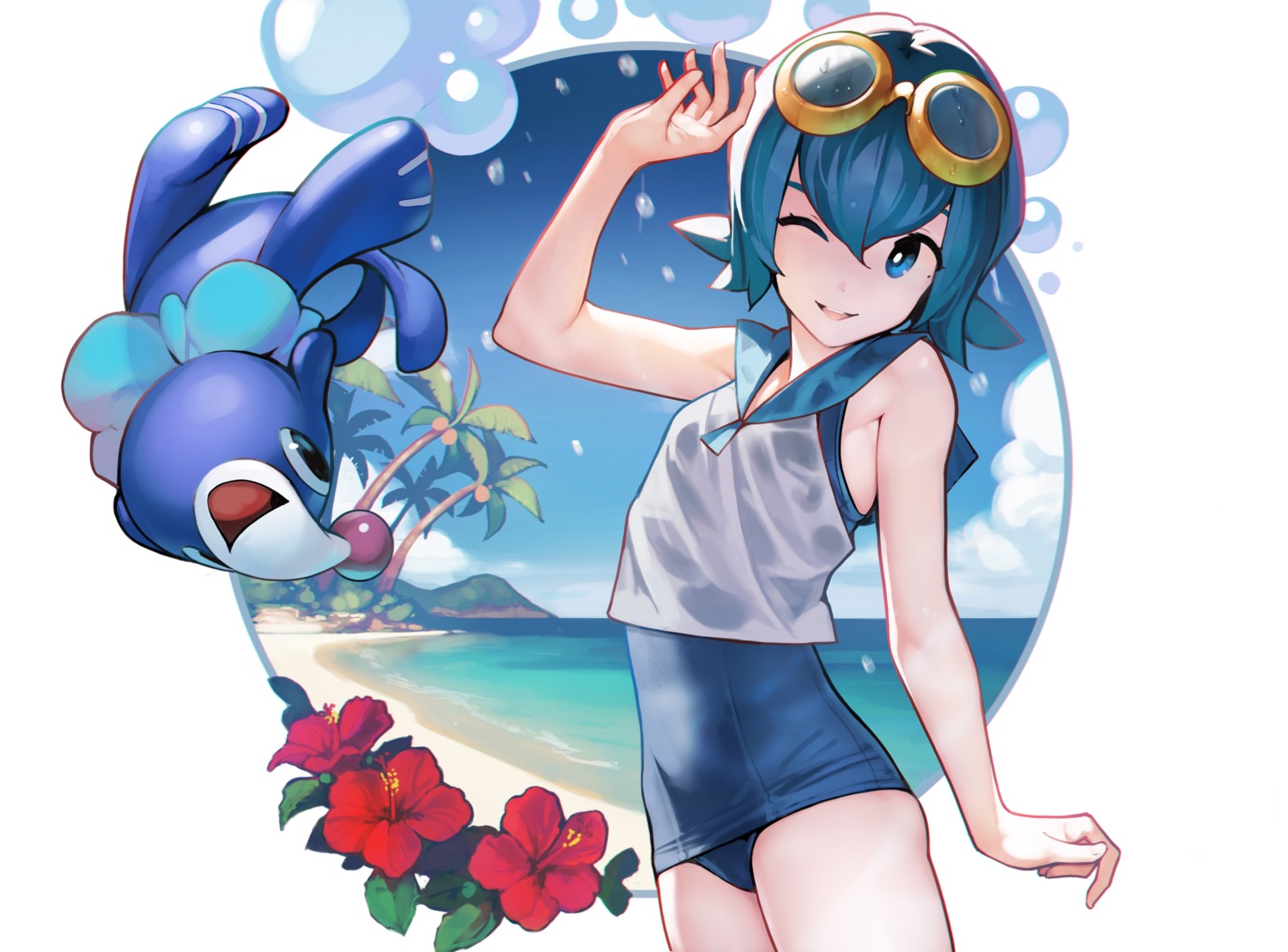 ataruman megane pokemon pokemon_sm pokemon_usum popplio school_swimsuit see_through suiren_(pokemon) swimsuits wet_clothes