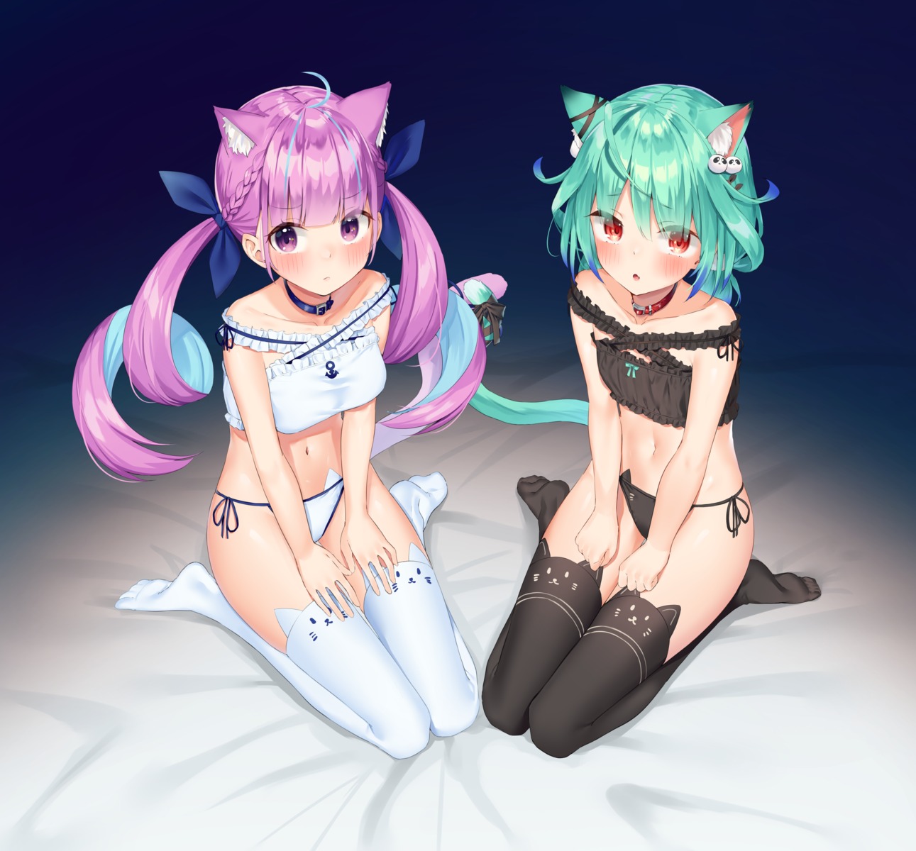 animal_ears bra hololive k_mugura lingerie minato_aqua nekomimi pantsu string_panties tail thighhighs uruha_rushia