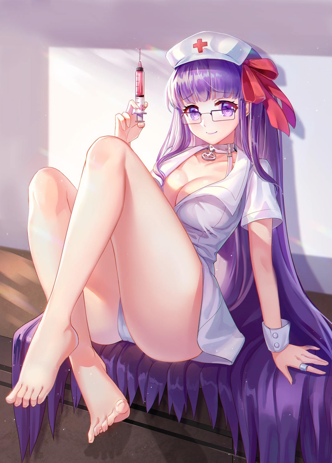 artist_revision bb_(fate/extra_ccc) cameltoe cleavage fate/grand_order feet lalazyt megane no_bra nurse open_shirt pantsu see_through skirt_lift