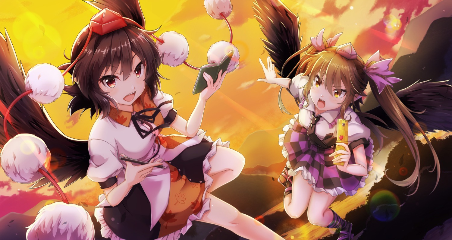 himekaidou_hatate oubou pointy_ears seifuku shameimaru_aya skirt_lift touhou wings