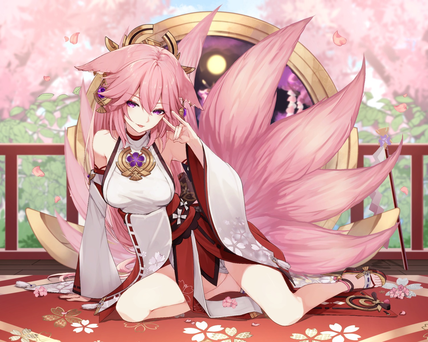 animal_ears genshin_impact japanese_clothes kitsune nage_(sacosui_ng) no_bra tail yae_miko