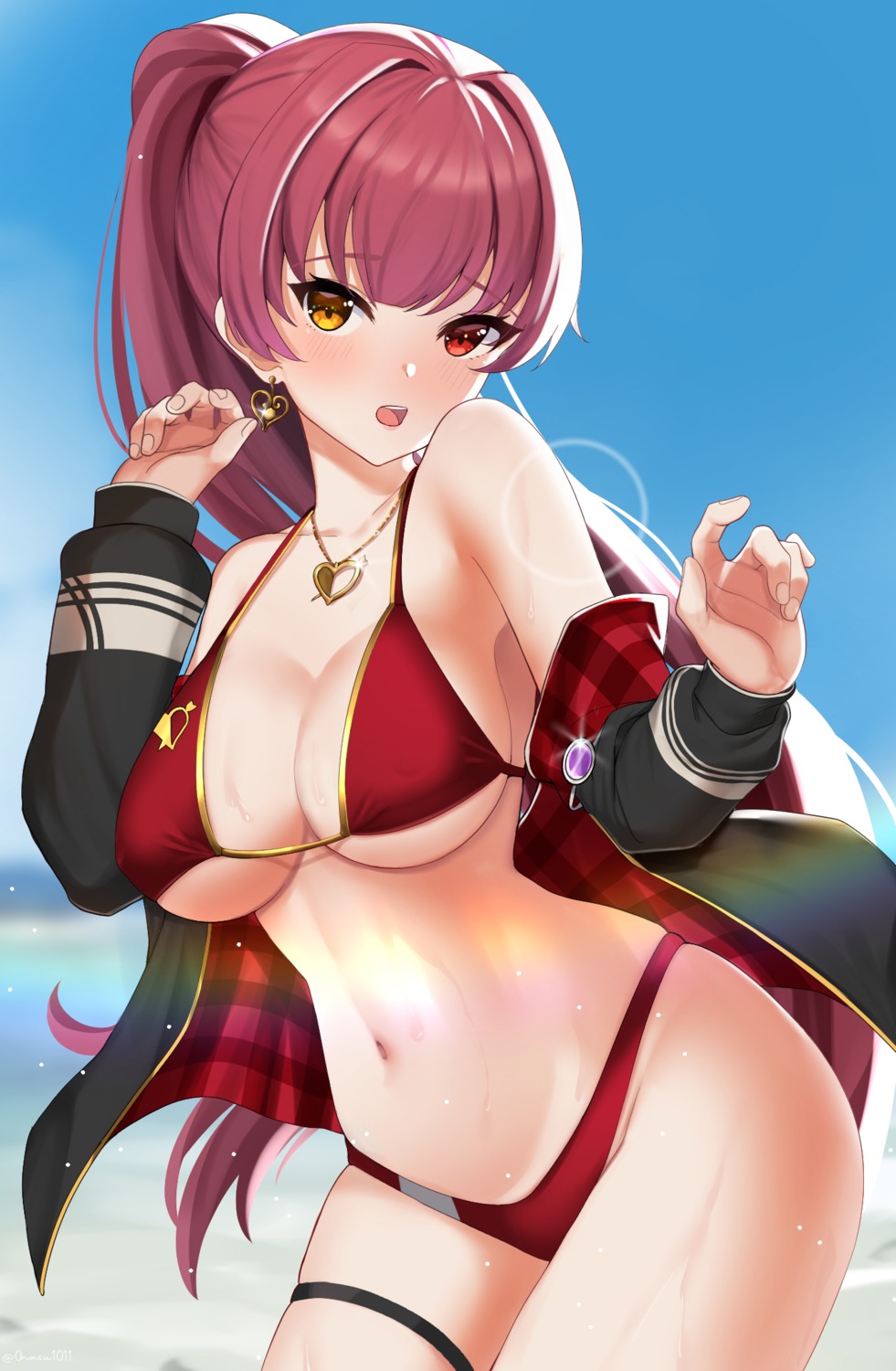 bikini garter heterochromia hololive houshou_marine nassss open_shirt swimsuits