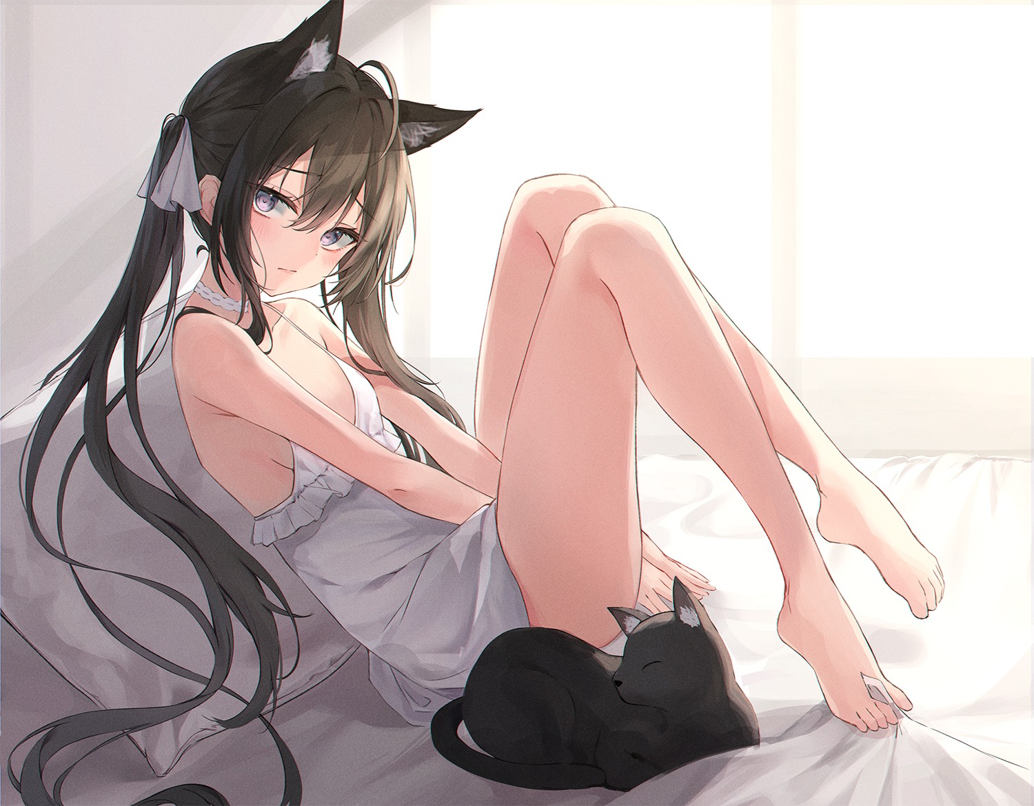 animal_ears dress feet lkeris neko nekomimi no_bra summer_dress