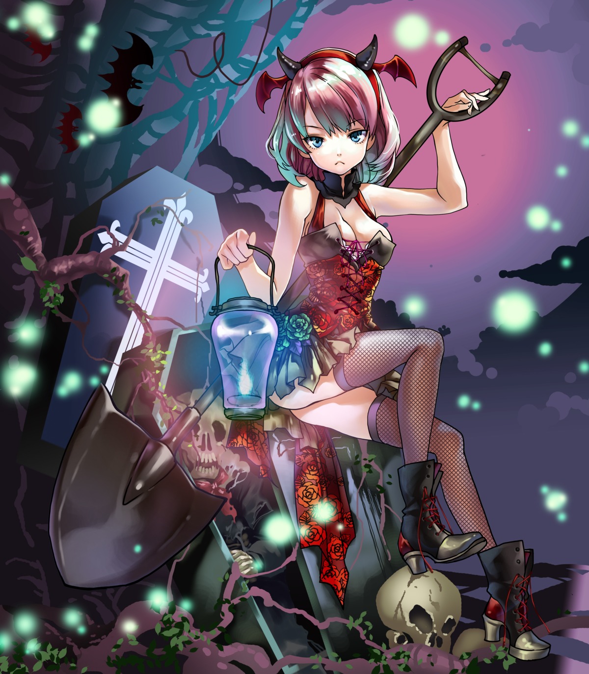 ass chushengdao devil fishnets heels horns no_bra thighhighs weapon