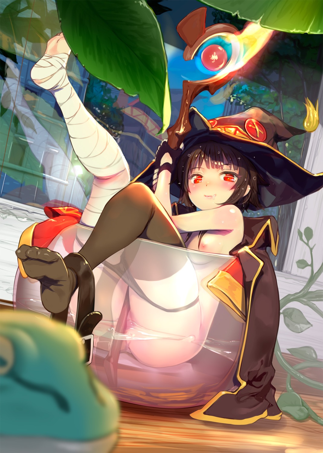 bandages feet kono_subarashii_sekai_ni_shukufuku_wo! megumin mikazuki_akira nipples pantsu panty_pull thighhighs topless weapon wet witch