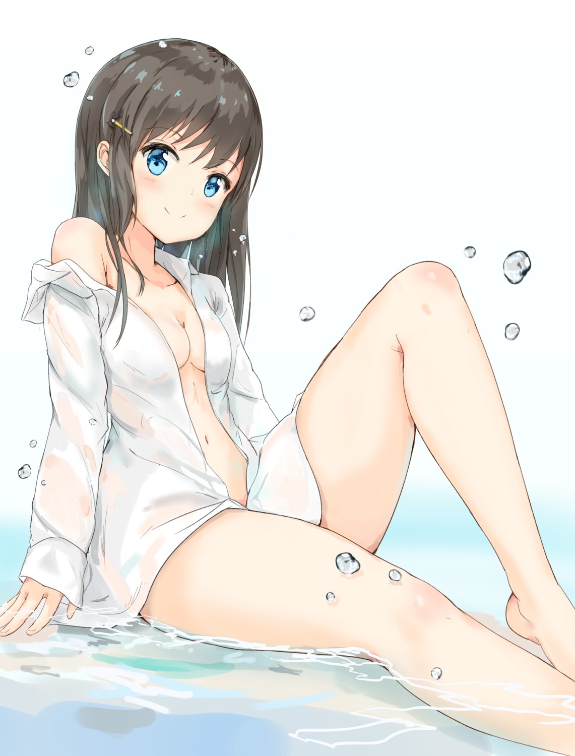 bottomless dress_shirt na_kyo no_bra open_shirt see_through wet wet_clothes