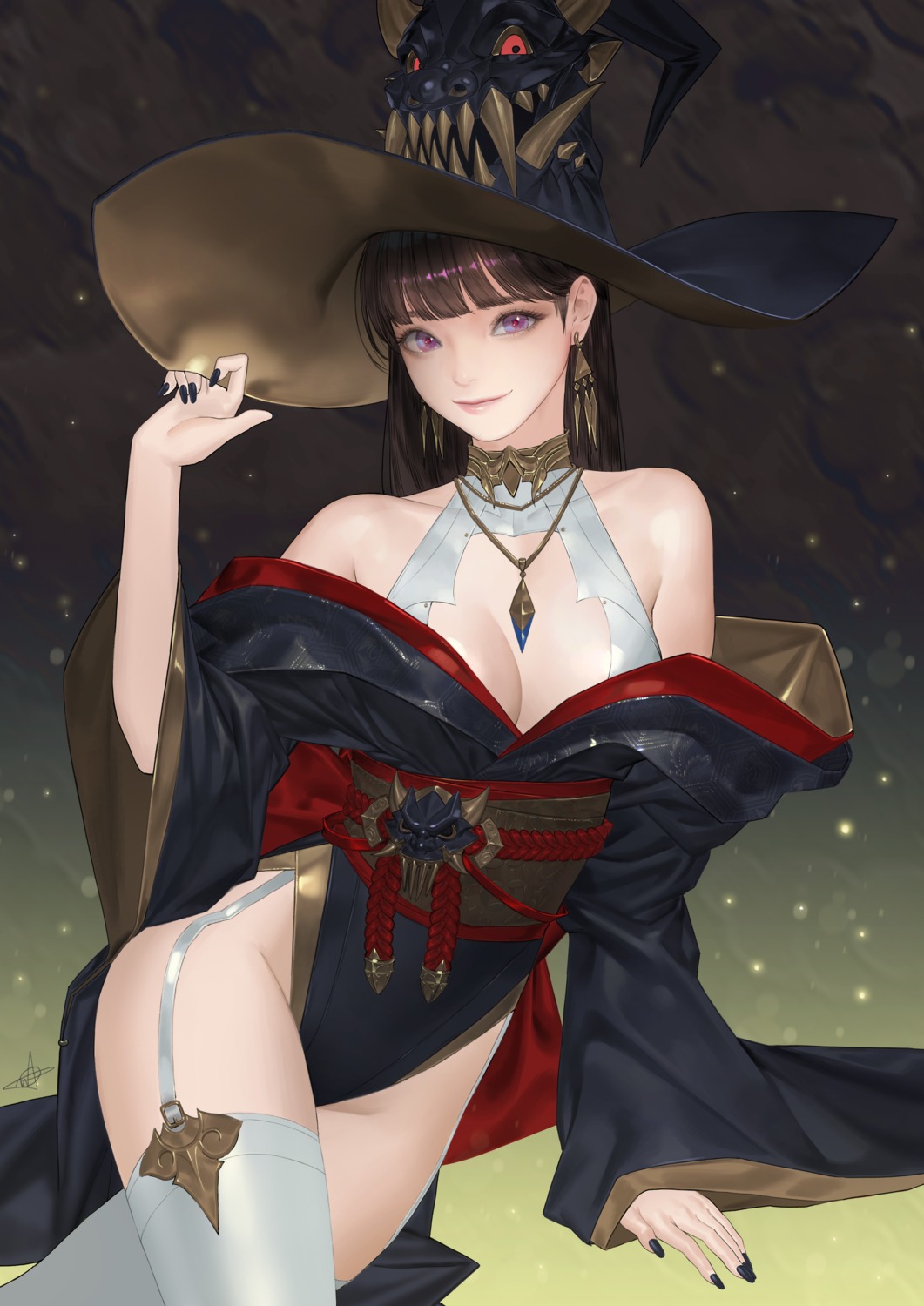 daeho_cha japanese_clothes leotard no_bra stockings thighhighs witch