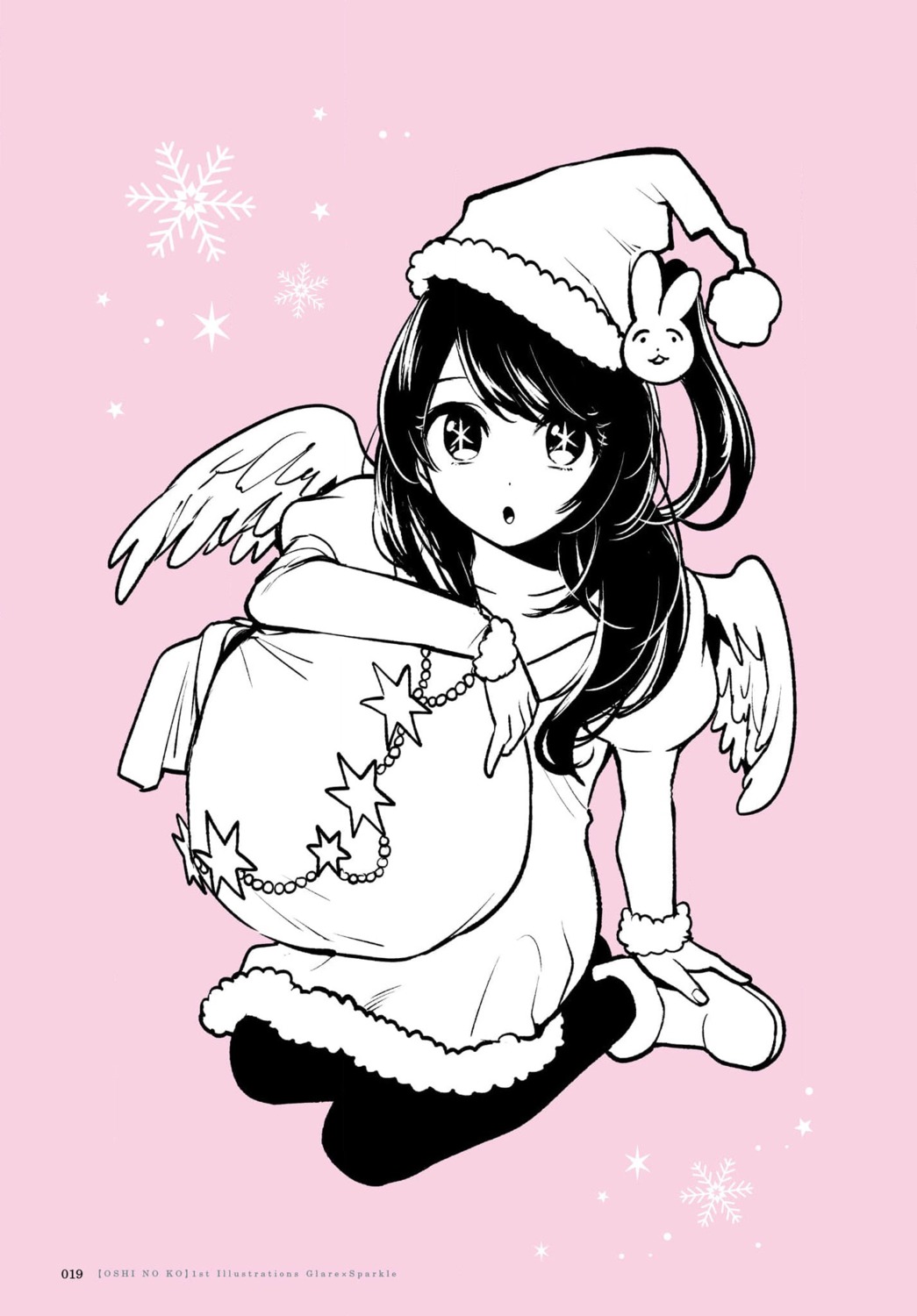 christmas dress hoshino_ai monochrome oshi_no_ko wings yokoyari_mengo_(artist)