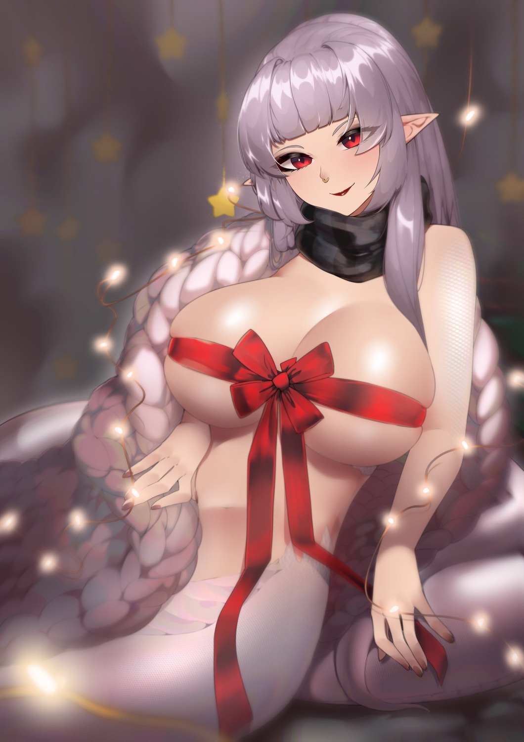 christmas kaiend monster_girl naked_ribbon pointy_ears sheets tail