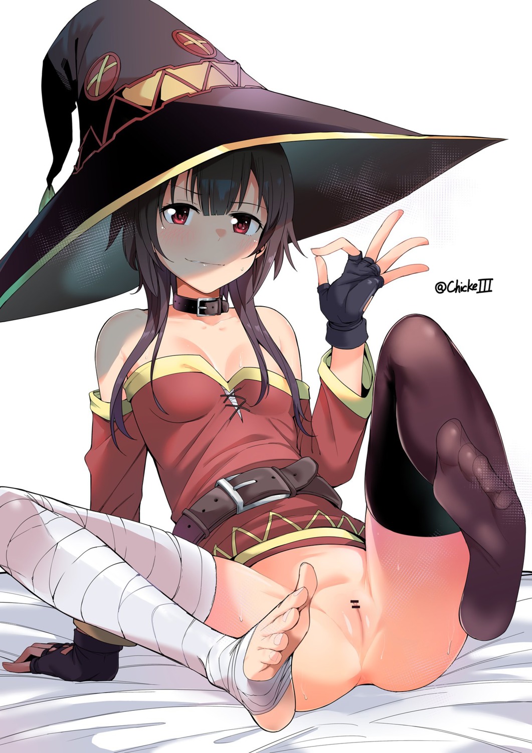 bandages censored chicke_iii dress feet kono_subarashii_sekai_ni_shukufuku_wo! megumin no_bra nopan pussy signed skirt_lift thighhighs witch