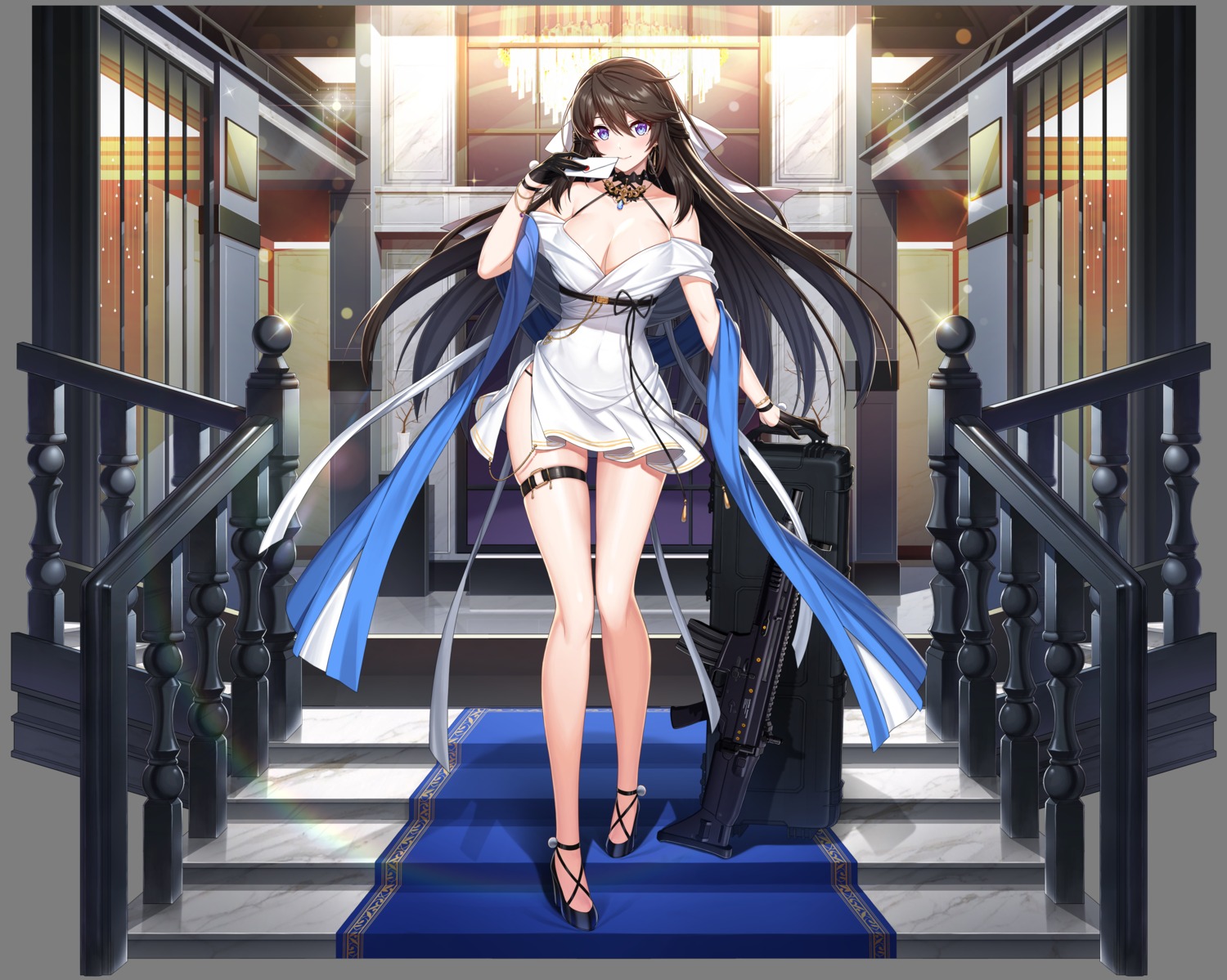 cleavage counter:side dress garter gun heels no_bra pantsu