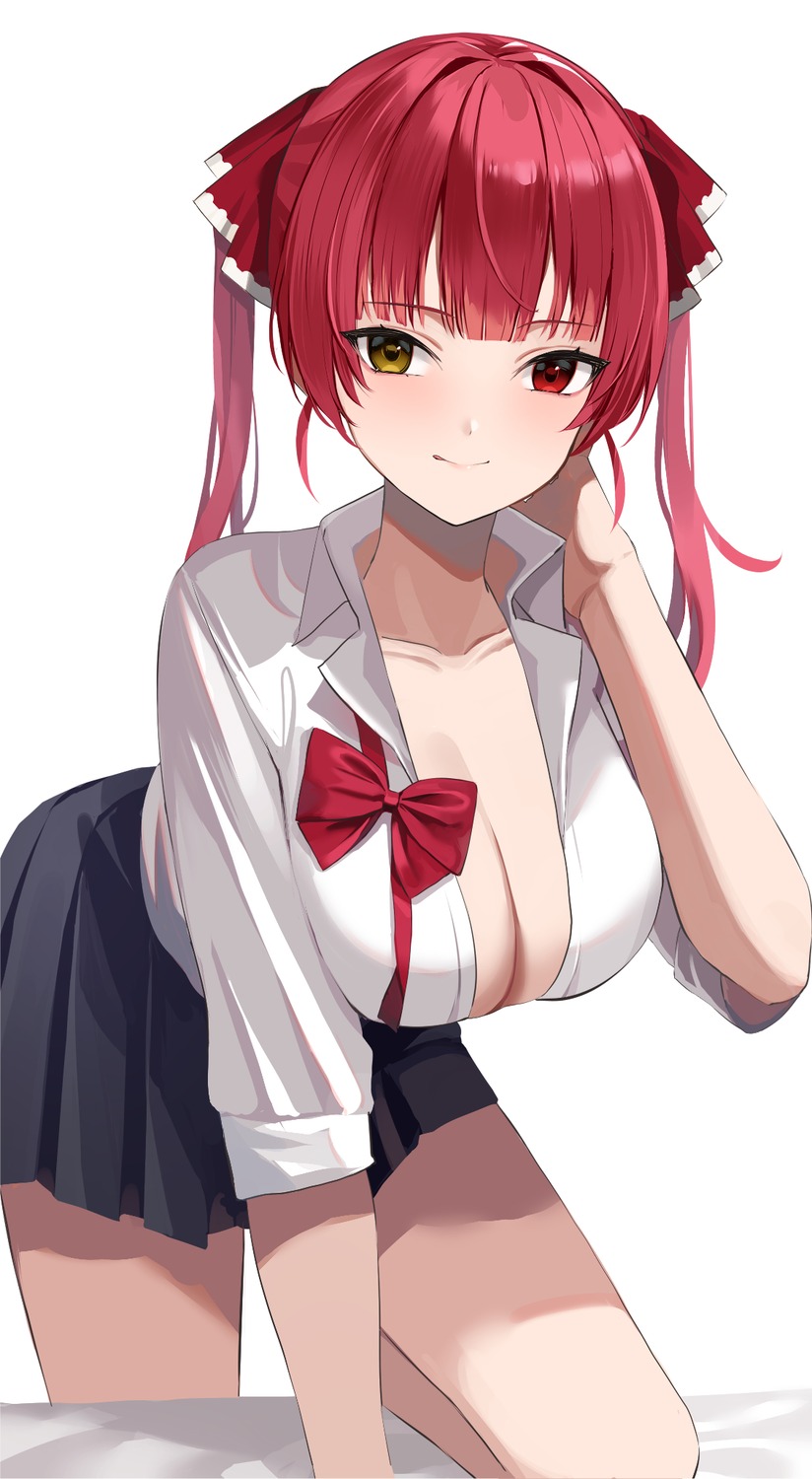 cleavage heterochromia hololive houshou_marine no_bra open_shirt seifuku yuzu-aki