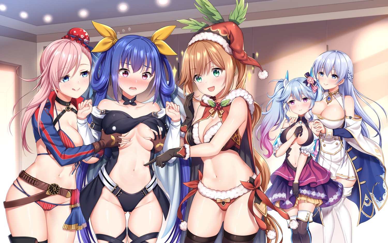 azur_lane bikini breast_grab breast_hold christmas clarisse_(granblue_fantasy) cleavage crossover dizzy dress fate/grand_order garter granblue_fantasy guilty_gear miyamoto_musashi_(fate/grand_order) no_bra rodney_(azur_lane) sannio shirt_lift swimsuits thighhighs underboob yuri