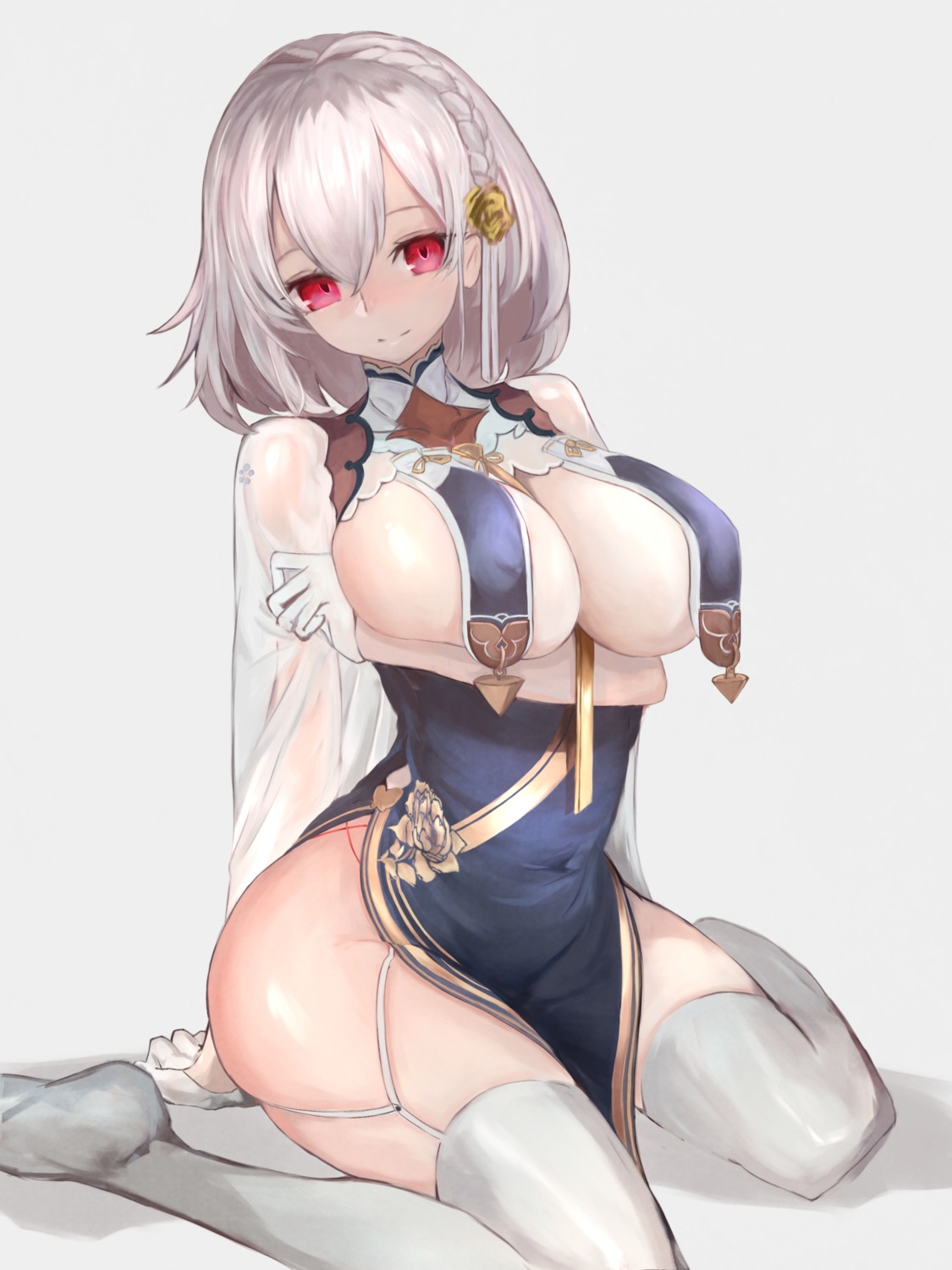 asian_clothes azur_lane breast_hold e_nnihql no_bra see_through sirius_(azur_lane) stockings thighhighs