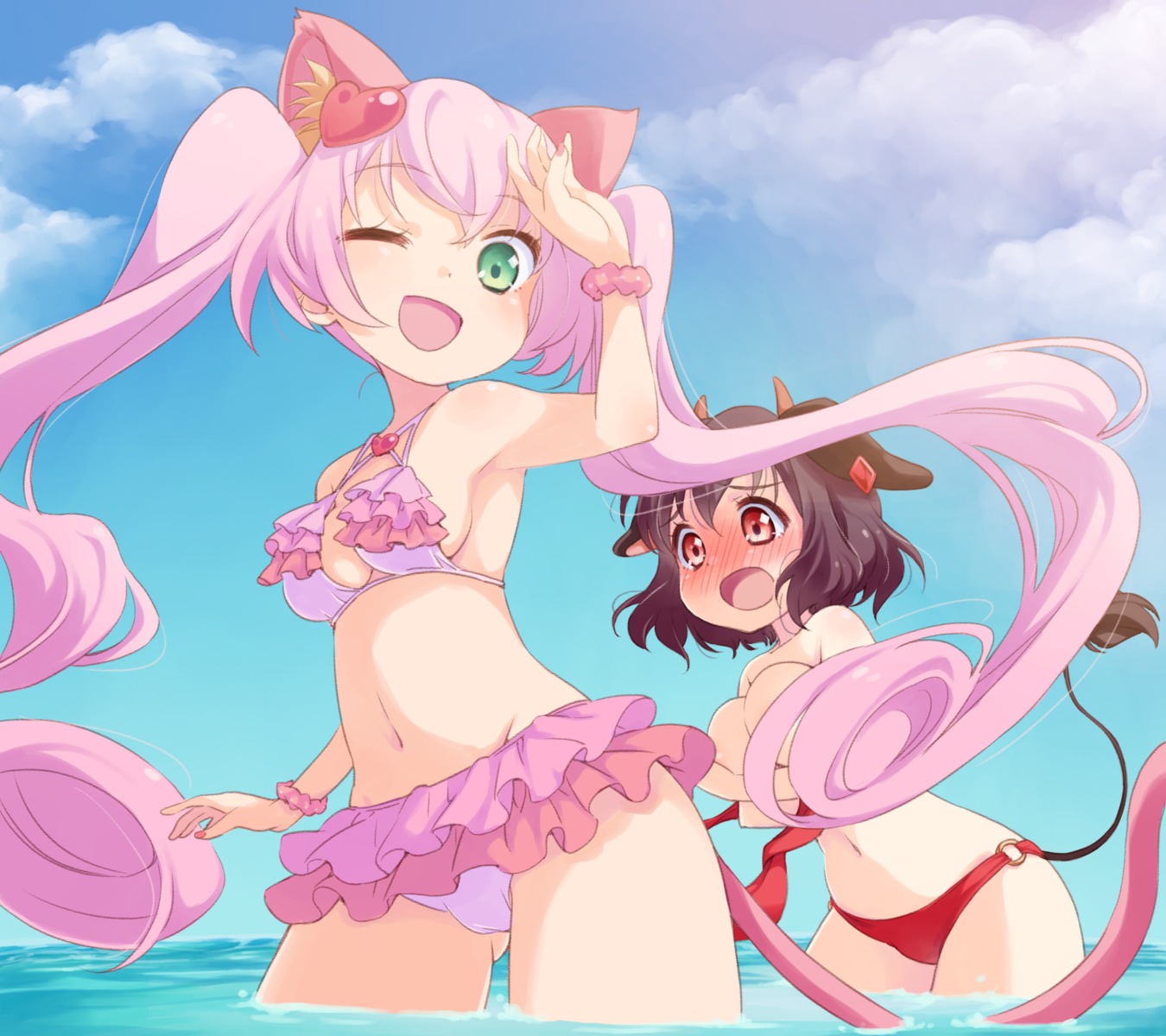 animal_ears bikini breast_hold cleavage holmy_(show_by_rock!) horns nekomimi rosia_(show_by_rock!) show_by_rock!! swimsuits tail takano_natsuki wardrobe_malfunction wet