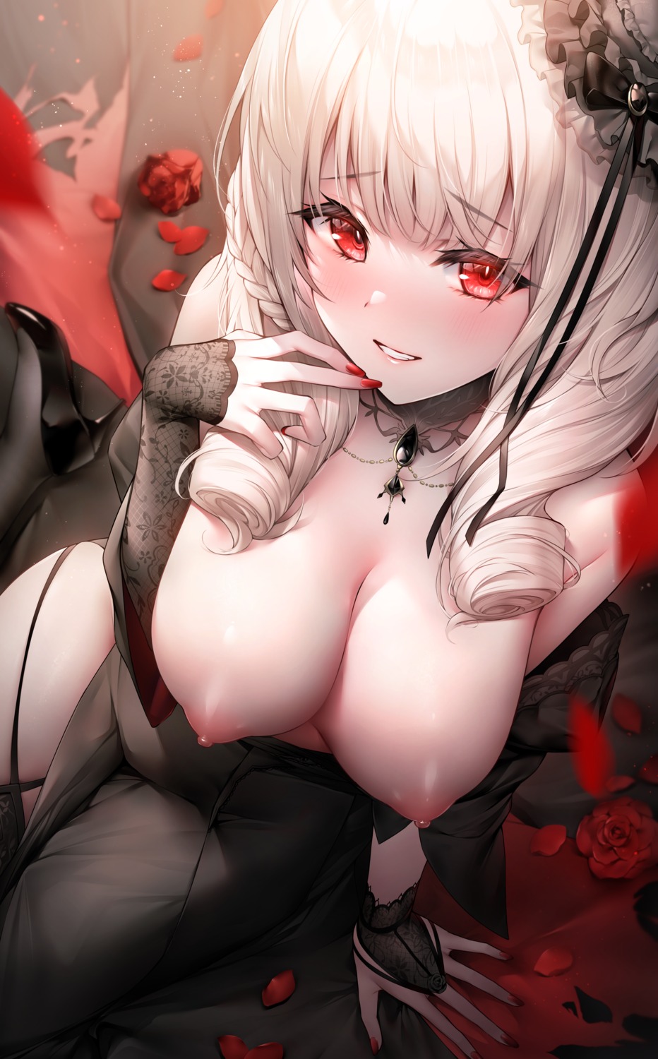 azur_lane breast_hold breasts heels luetzow_(azur_lane) nipples no_bra open_shirt oyuwari stockings thighhighs