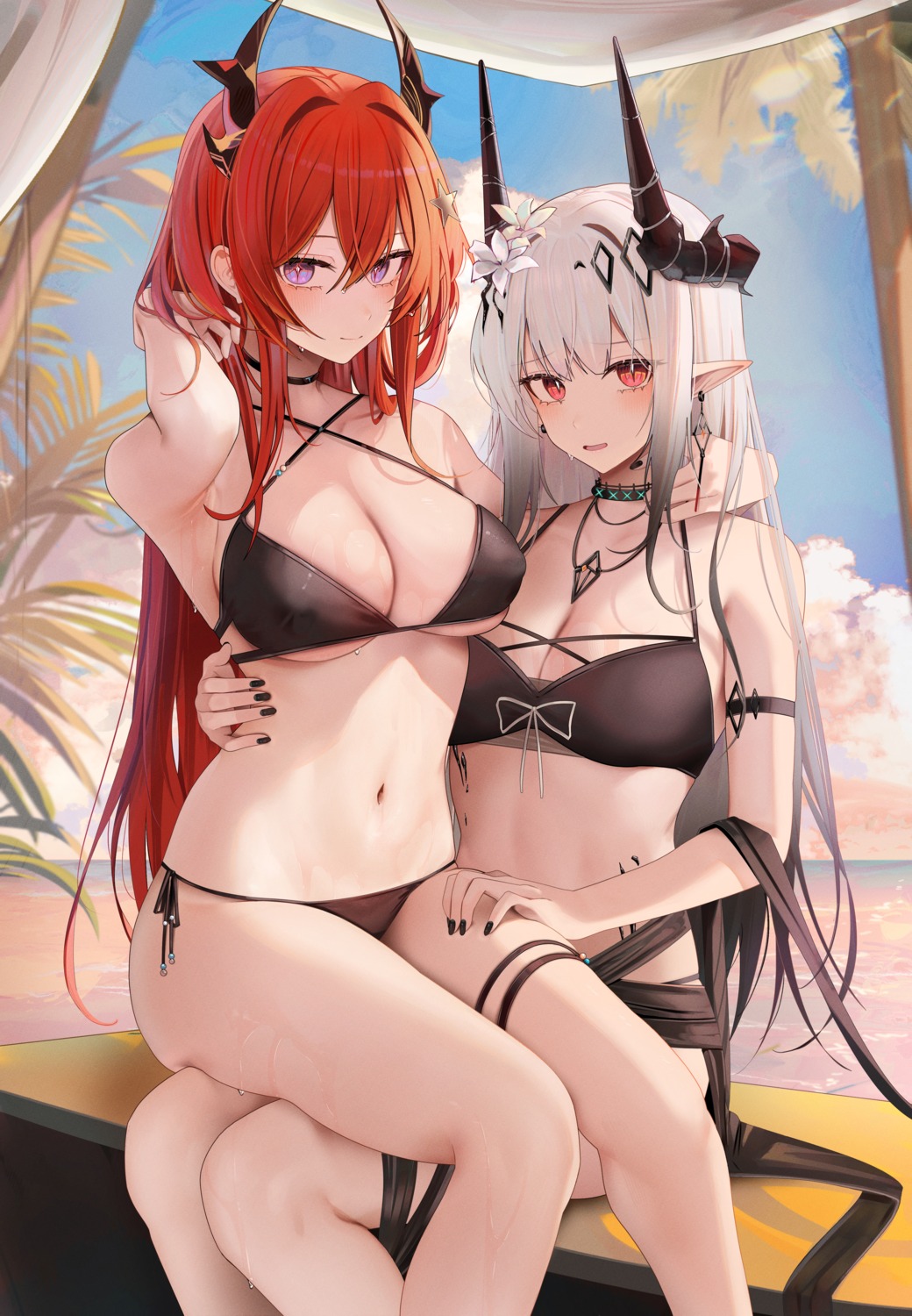 arknights bikini garter horns mudrock_(arknights) pointy_ears ru_zhai surtr_(arknights) swimsuits