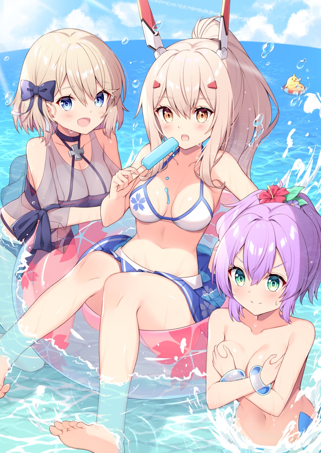 ayanami_(azur_lane) azur_lane bikini breast_hold cream javelin_(azur_lane) see_through swimsuits takeg05 topless wardrobe_malfunction wet z23_(azur_lane)