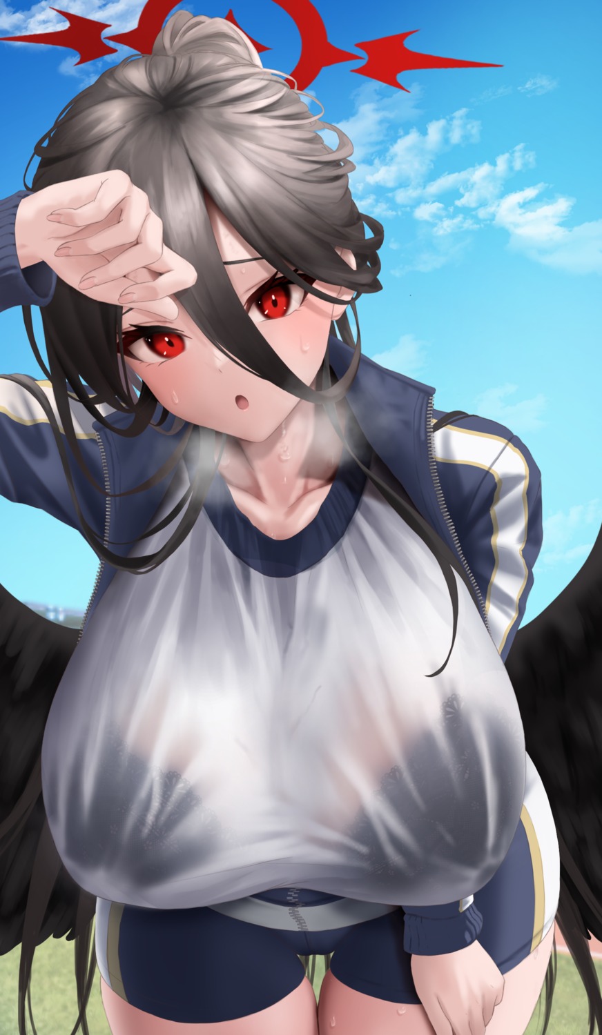 angel blue_archive bra gym_uniform hanekawa_hasumi see_through wet_clothes wings yumeto_(ym-1)