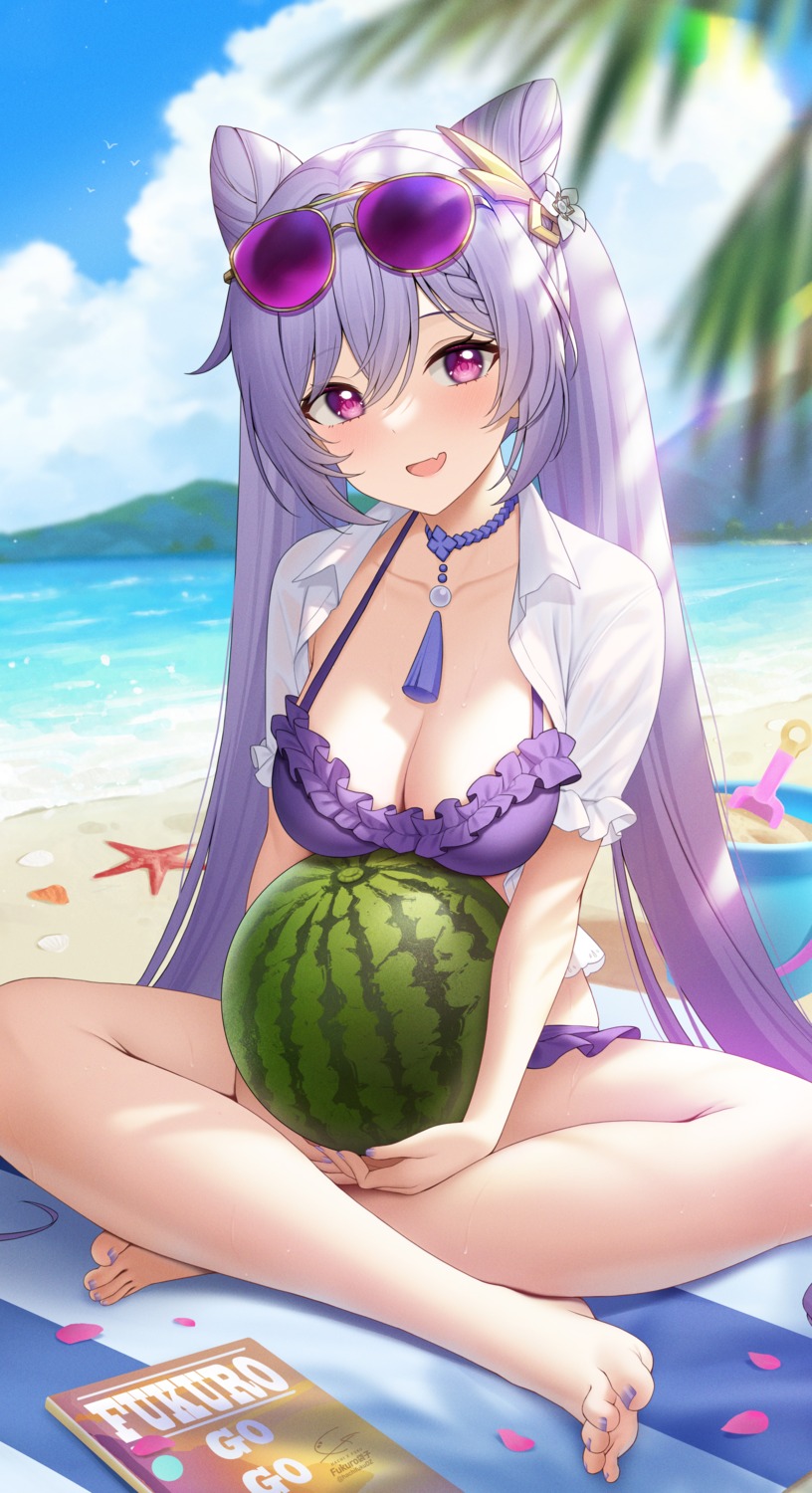 bikini cleavage fukuro_ko_(greentea) genshin_impact keqing megane open_shirt see_through swimsuits