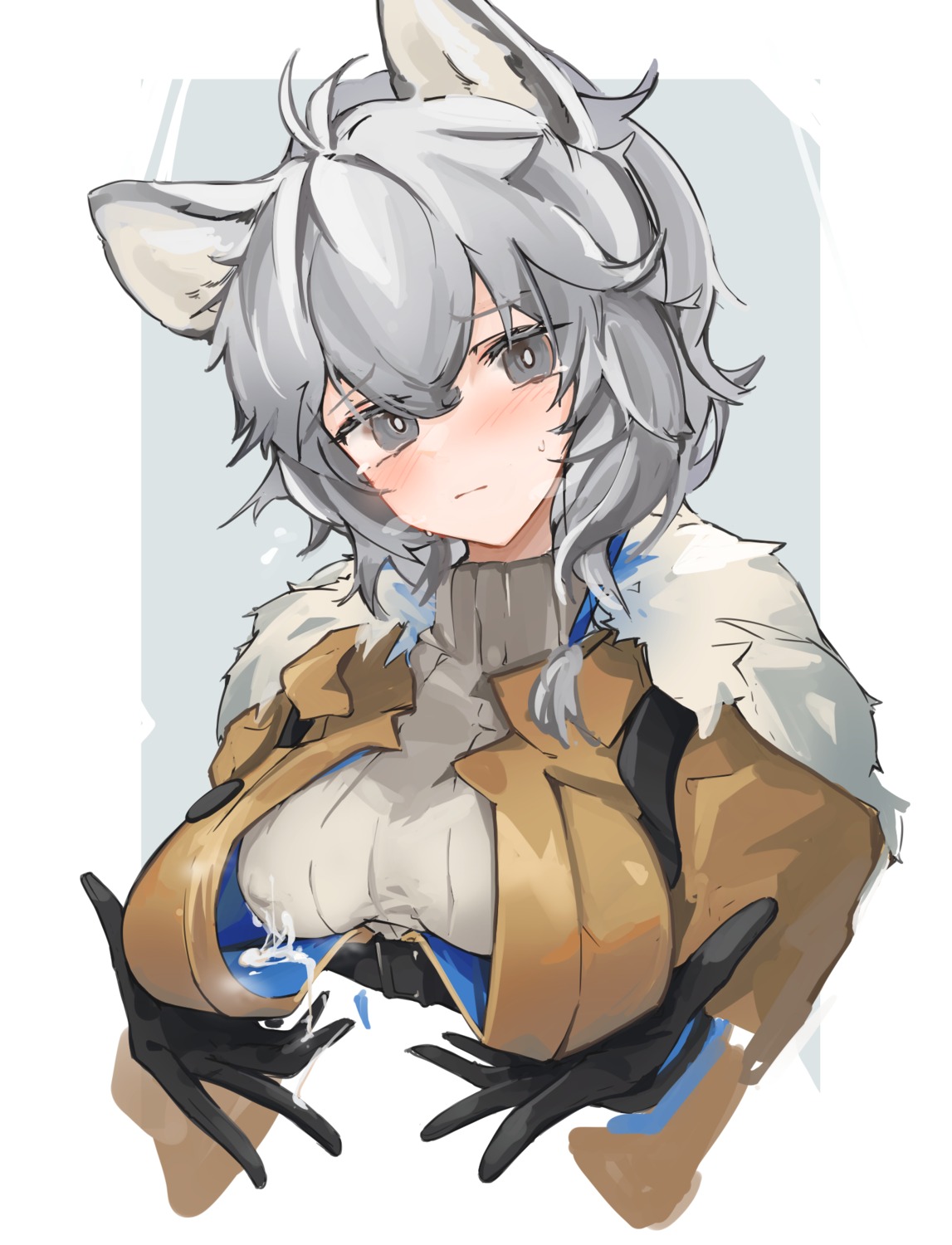 animal_ears arknights cliffheart_(arknights) erect_nipples lactation mikojin sketch sweater