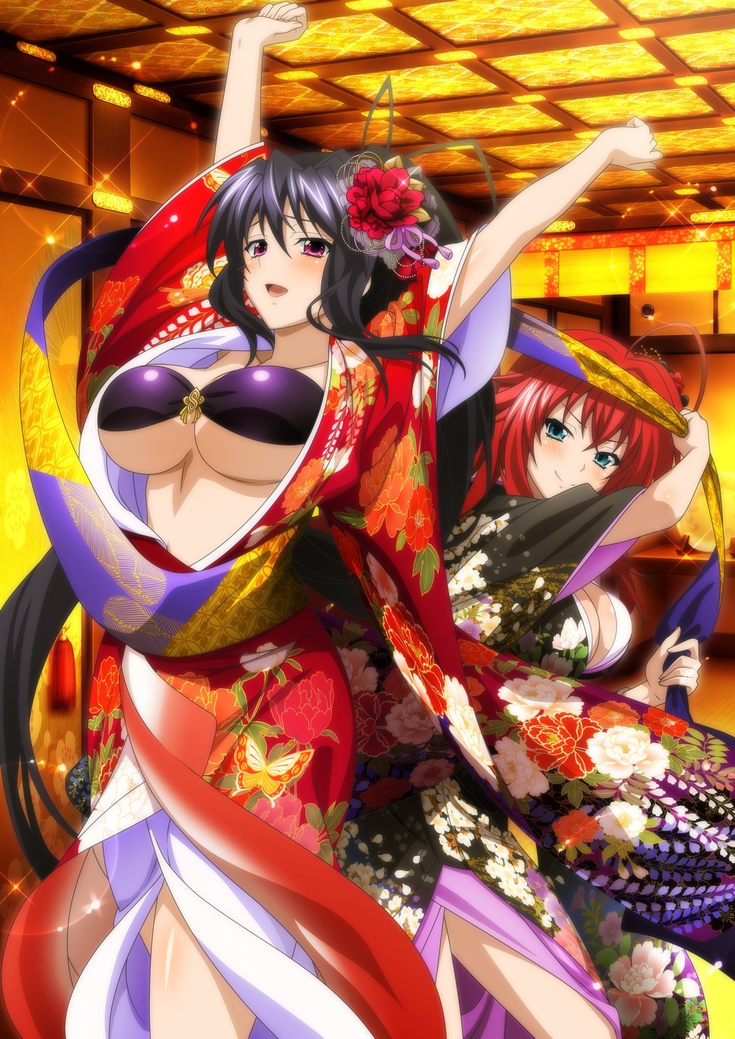 bikini_top highschool_dxd himejima_akeno kimono marvelous_entertainment open_shirt rias_gremory swimsuits undressing