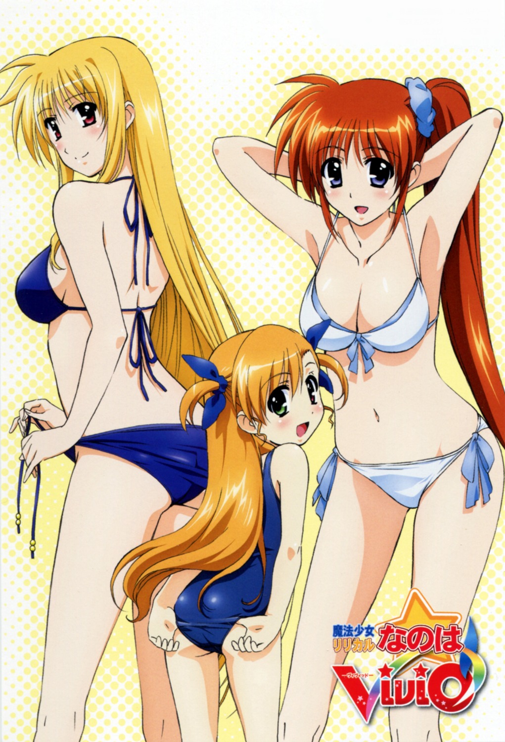 bikini cleavage fate_testarossa heterochromia mahou_shoujo_lyrical_nanoha mahou_shoujo_lyrical_nanoha_vivid swimsuits takamachi_nanoha undressing vivio