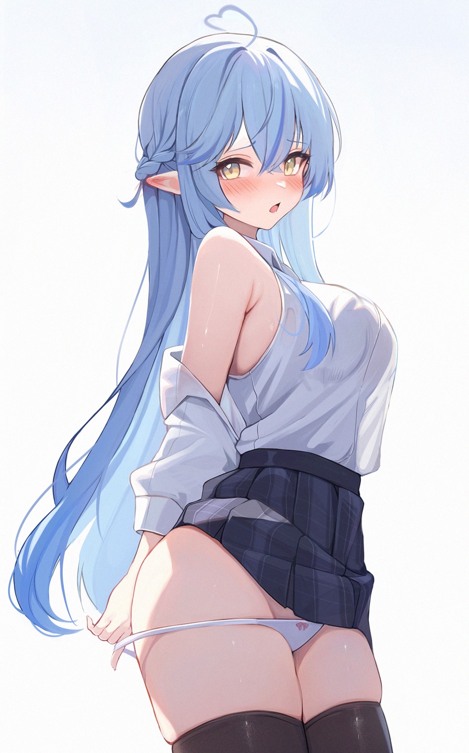 elf hololive koahri pantsu panty_pull pointy_ears see_through skirt_lift thighhighs undressing yukihana_lamy