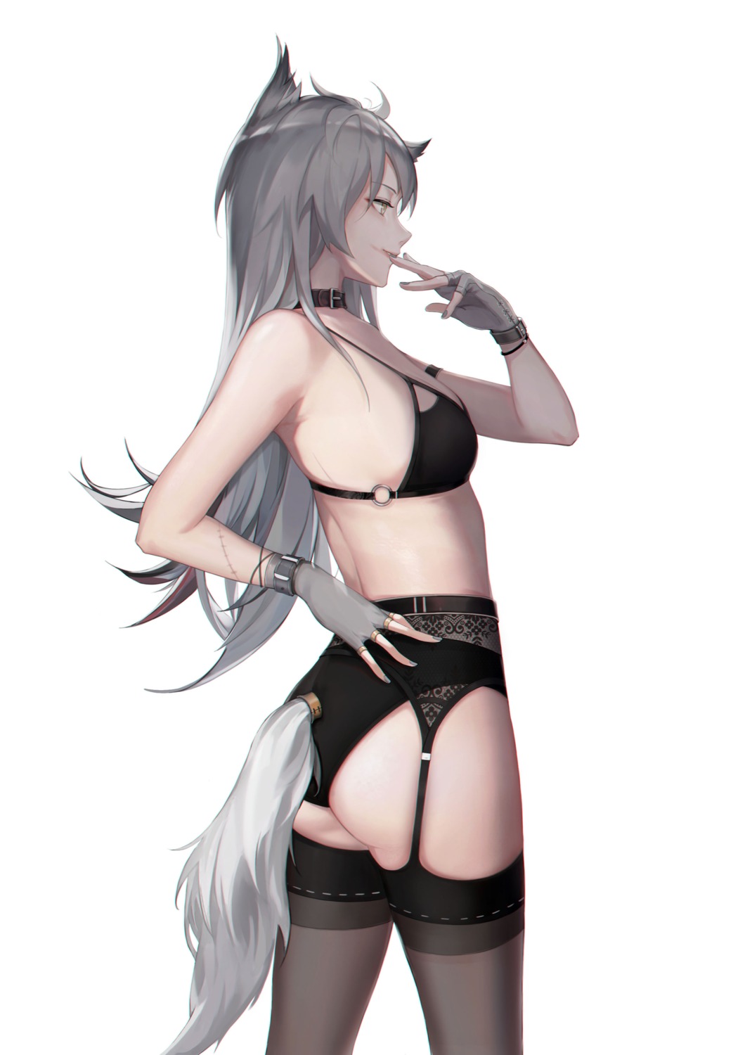 animal_ears arknights ass bra cjmy garter_belt lappland_(arknights) pantsu stockings tail thighhighs