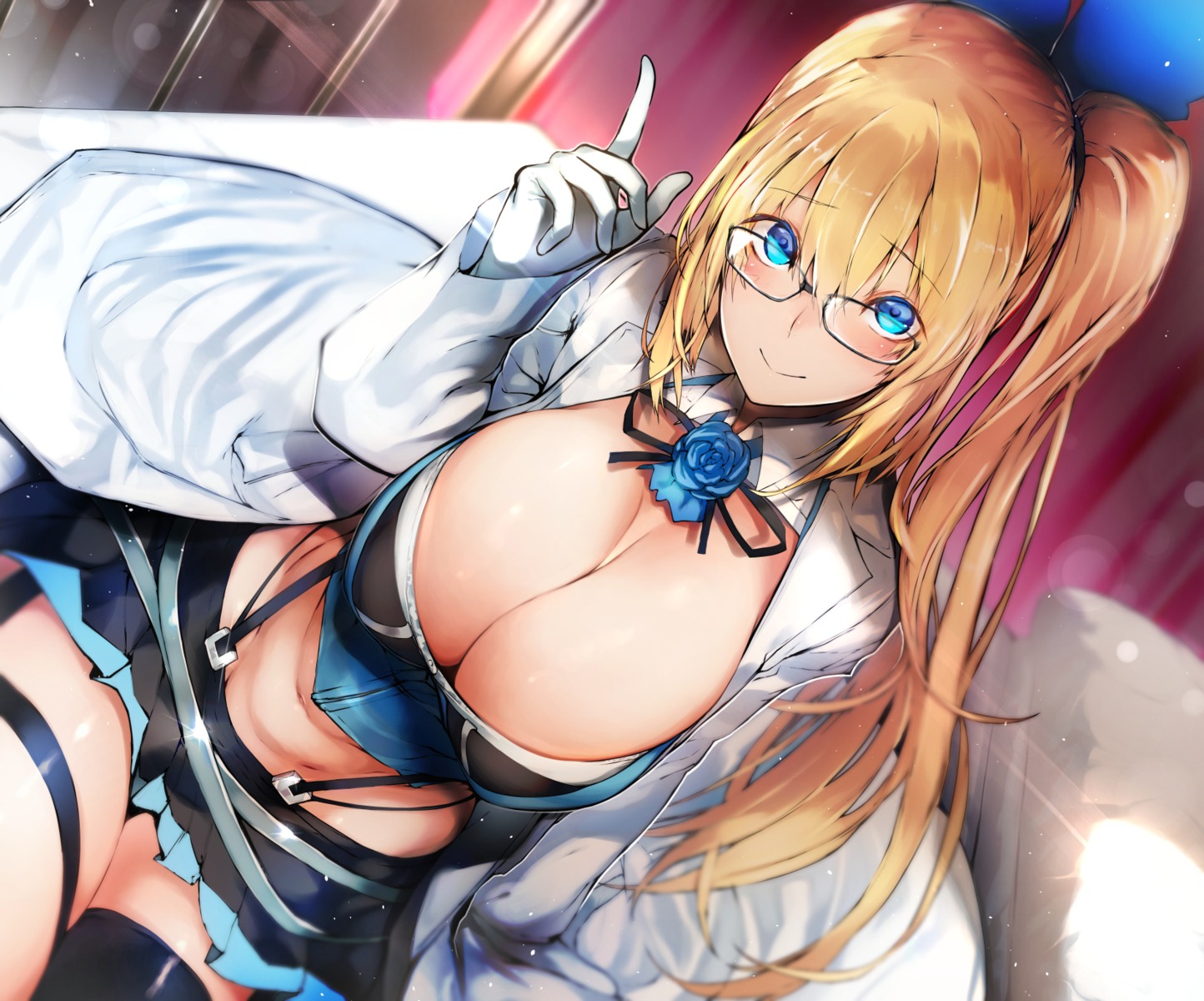 cleavage garter megane mirai_akari mirai_akari_project nishiide_kengorou thighhighs