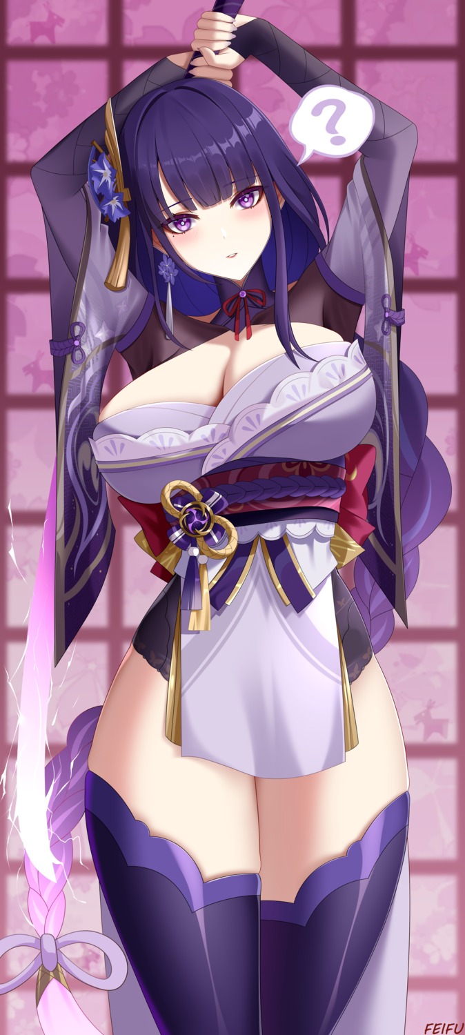 feifu genshin_impact japanese_clothes no_bra open_shirt raiden_shogun sword thighhighs