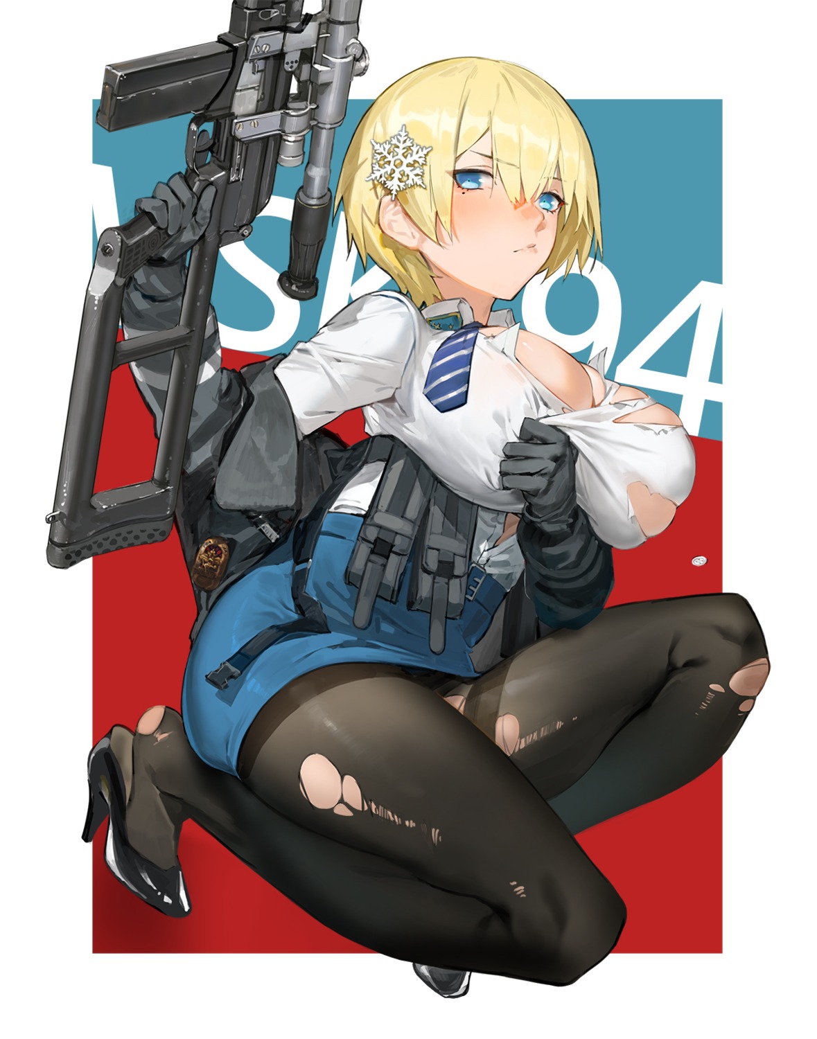 girls_frontline gun heels kare_huang no_bra pantyhose torn_clothes uniform vsk-94_(girls_frontline)