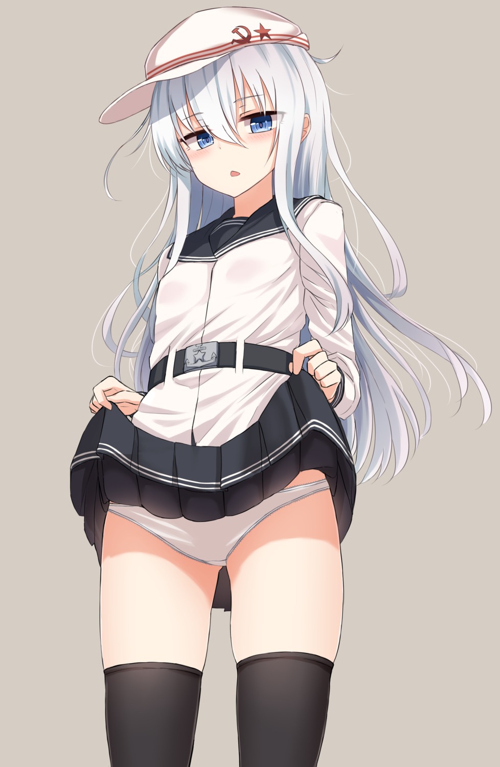 hibiki_(kancolle) kantai_collection pantsu rabochicken seifuku skirt_lift thighhighs verniy_(kancolle)