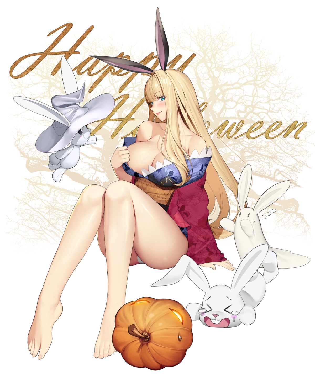 animal_ears bunny_ears feet halloween japanese_clothes migu_(iws2525) no_bra open_shirt pantsu rabii undressing