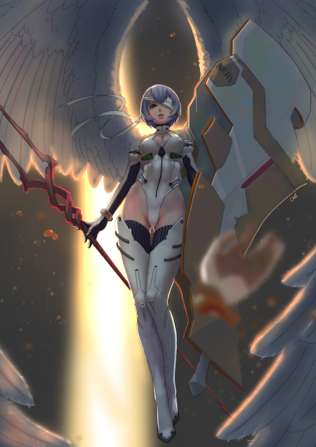 ayanami_rei bandages chuxin_de_mao cleavage erect_nipples eyepatch leotard neon_genesis_evangelion thighhighs weapon wings