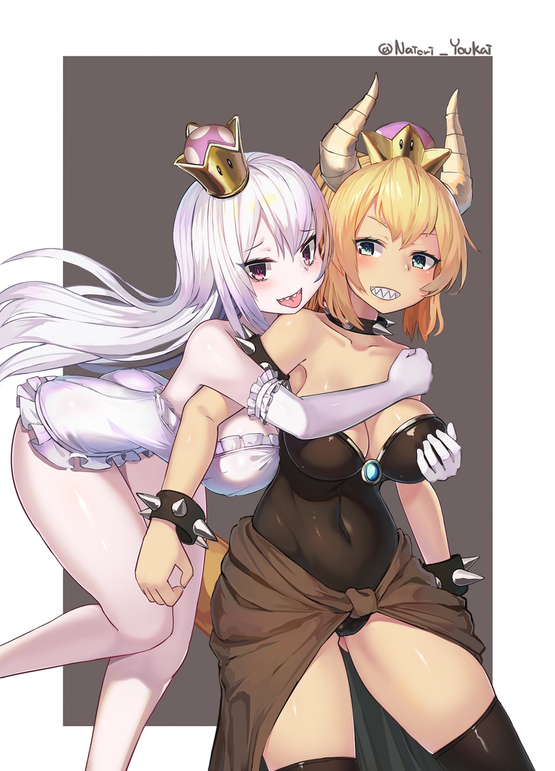 bowsette breast_grab cleavage horns leotard natori_youkai new_super_mario_bros._u_deluxe princess_king_boo thighhighs