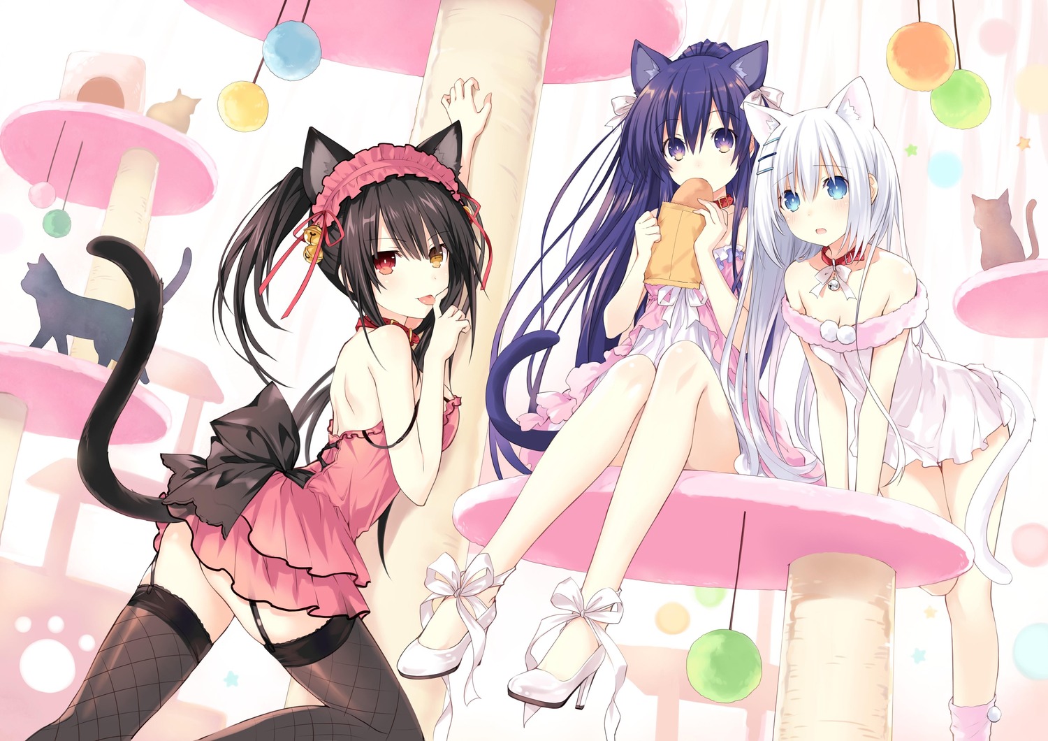 animal_ears cleavage date_a_live dress fishnets heels heterochromia neko nekomimi no_bra nopan stockings tail thighhighs tobiichi_origami tokisaki_kurumi tsunako yatogami_tooka