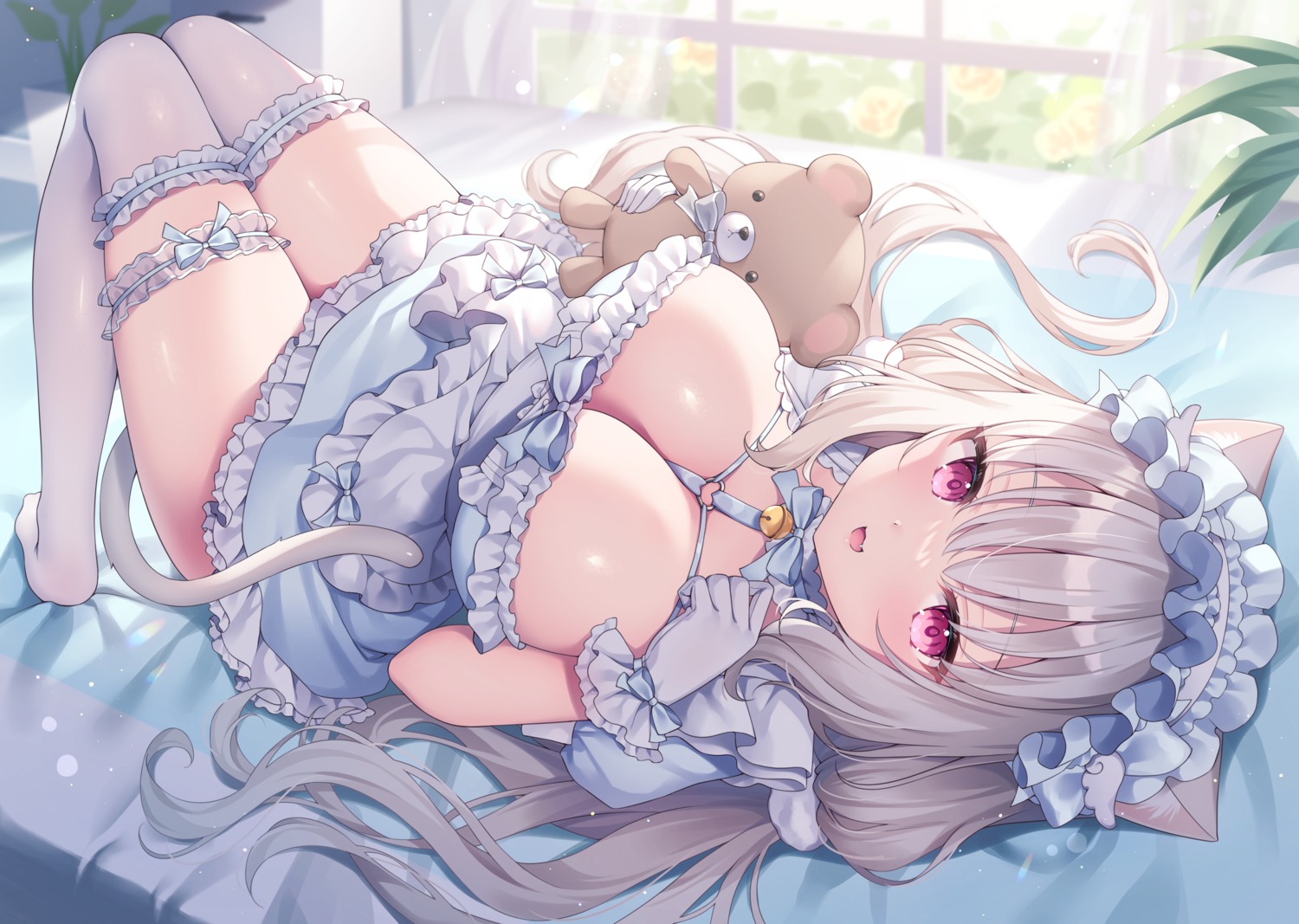 animal_ears dress garter lolita_fashion nekomimi no_bra siooooono tail thighhighs