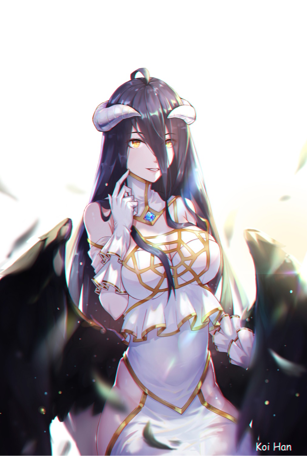 albedo_(overlord) cleavage dress koi_han no_bra nopan overlord wings