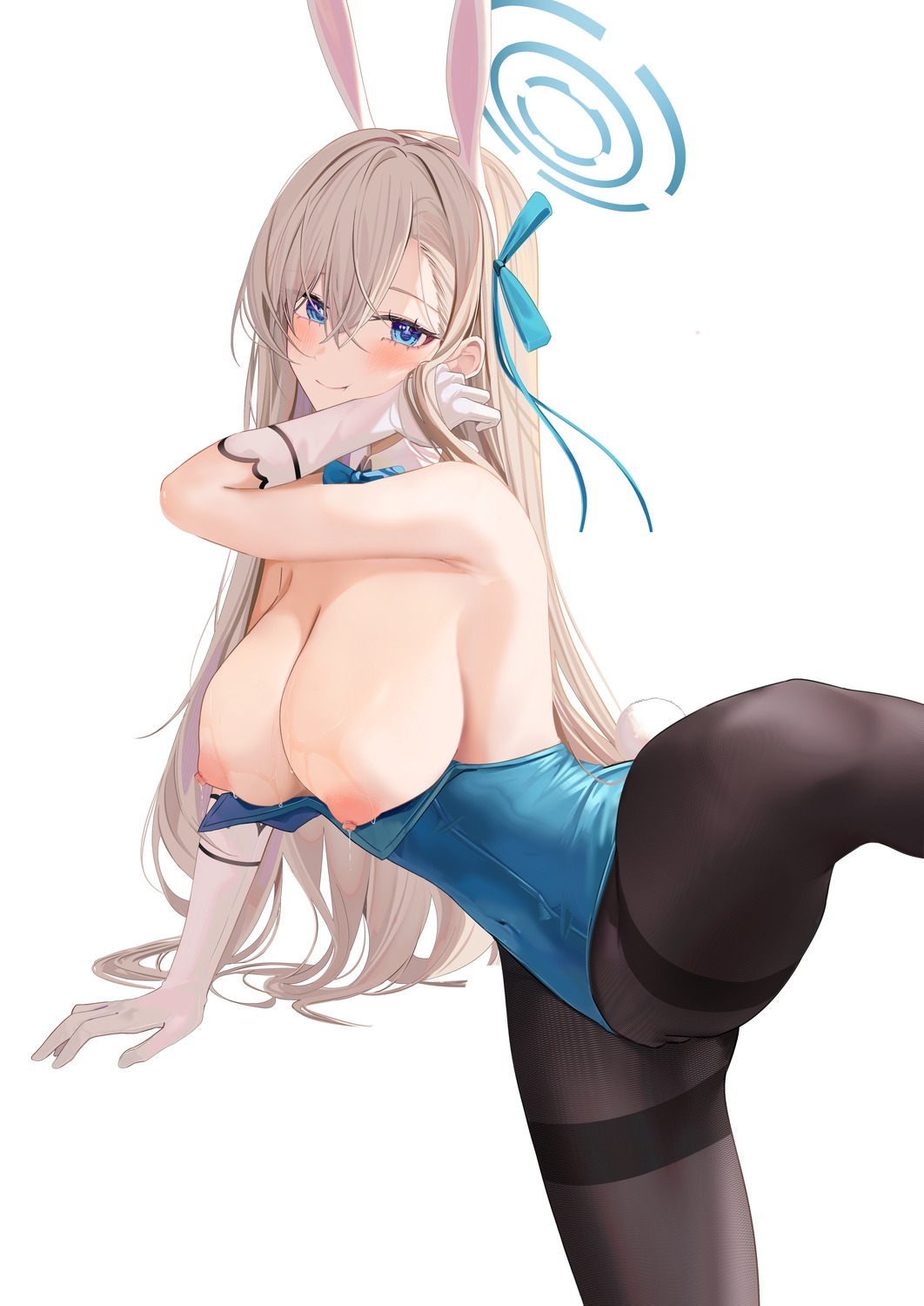 animal_ears blue_archive bunny_ears bunny_girl cameltoe halo ichinose_asuna nipples no_bra pantyhose ru_zhai tail